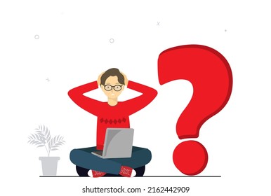 Un joven trabajando con una laptop, resolviendo el problema o encontrando nuevas decisiones, ideas, estrés emocional en el lugar de trabajo, ilustración vectorial plana