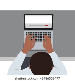 Hombre joven que trabaja con la computadora portátil, vista superior. Ilustración vectorial plana aislada sobre fondo blanco