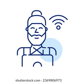 Young man working at laptop using wifi. Remote freelance job or online education. Pixel perfect icon