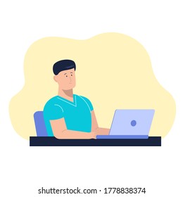 Joven trabajando en la laptop. Ilustración vectorial plana. Una persona sonriente cerca del ordenador.