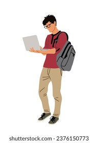 Young man working at laptop vector isolated.