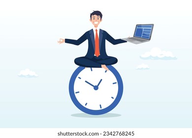 Joven trabajando con laptop mientras hace yoga o meditación en la cara del reloj, horarios de trabajo flexibles, equilibrio de vida laboral o enfoque y administración del tiempo mientras trabaja desde el concepto del hogar (Vector)