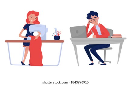 Young Man Working at Laptop and Woman Tailoring Vector Illustration Set