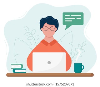 Young man in working at the laptop. Work at home. Flat vector illustration.