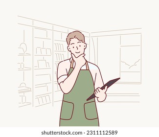 Young man working as manager at book shop looking confident. Hand drawn style vector design illustrations.