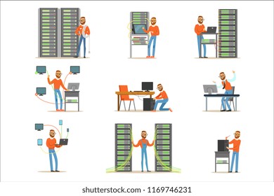 Young man working in network server room. Technician at the data center set of colorful Illustrations