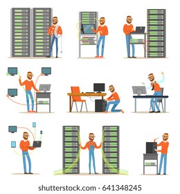 Young Man Working In Network Server Room. Technician At The Data Center Set Of Colorful Illustrations