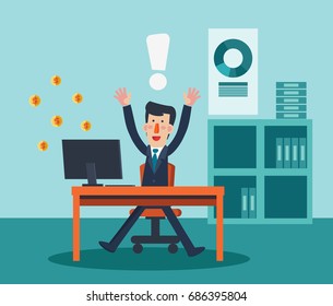 Young man working in office at computer. Successful businessman making money