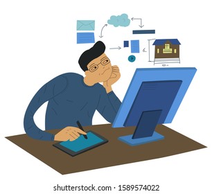 Young man working in the office, creates a building project on the computer, workplace. Flat vector illustration