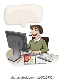 Young man working at the office, with a head set, speech bubble, vector illustration
