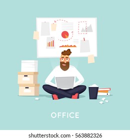 Young man working at the office, search for ideas, brainstorm, business. Flat vector illustration in cartoon style. 