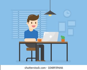 Young Man Working On The Computer  At His Working Place In Home Office. Business Concept Illustration.