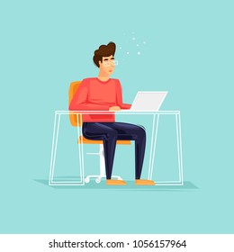 Young man working on the computer programmer, business analysis, design, strategy. Flat vector illustration in cartoon style.