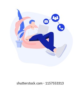 Young man working on the computer programmer, business analysis, design, strategy. Isometric vector illustration