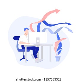 Young man working on the computer. Business analysis, design, strategy. Isometric vector illustration