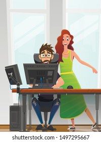 Young Man Working on Computer at Table and Woman Standing near, Helping, Looking at Screen Flat Cartoon Vector Illustration. Freelancer at Home, Wife Helping Husband in Study Room.