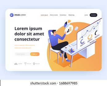 Young man working on the computer programmer, business analysis, design, strategy. Telework. Remote quarantine work. Isometric vector illustration