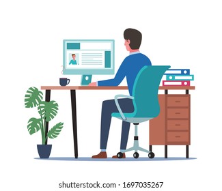 Young man working on computer. Business people sitting at office desk. Flat design vector illustration