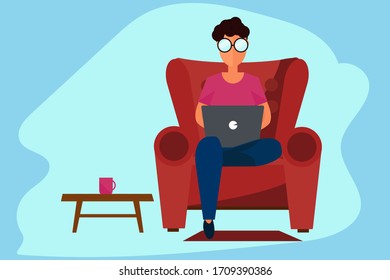 young man working on computer at home concept vector illustration.