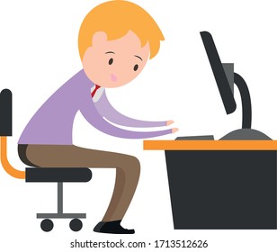 Young man working on the computer, business. Flat vector illustration in cartoon style. 