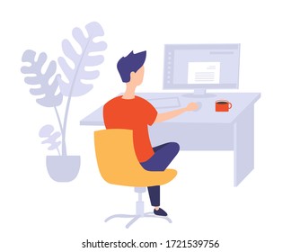 Joven trabajando en computación en la oficina. Ilustración vectorial.