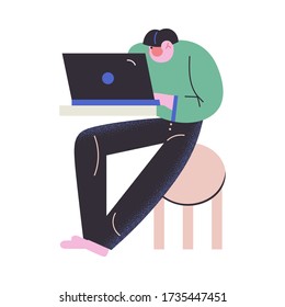 Young man working on computer in office vector illustration