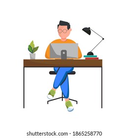 Young man working on computer at her home office working desk. Freelancer. Сoworking space. Online study, education. Сreative designer works from home. Vector illustration.

