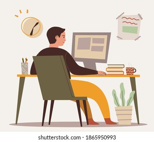 Young man working on computer at home or office. Hand drawn vector male character illustration