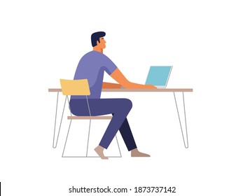 Young man working on the computer programmer, business analysis, design, strategy. Vector illustration.