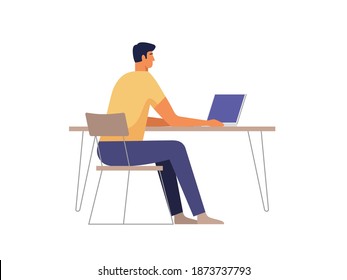Young man working on the computer programmer, business analysis, design, strategy. Vector illustration.