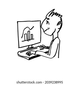 A young man is working on a computer with a hand-drawn character. A sketch. Vector doodle illustration