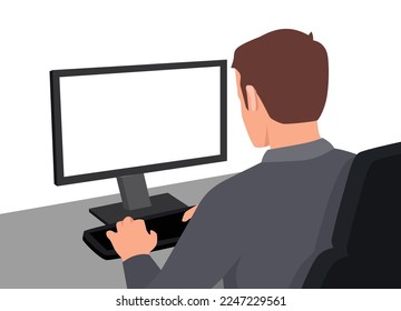 Joven trabajando en una computadora. Ver desde la espalda con pantalla en blanco. Ilustración vectorial plana aislada en fondo blanco