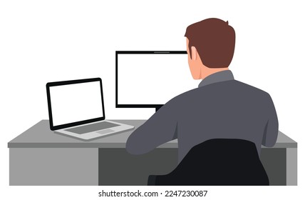 Young man working on a computer and laptop. Two devices. Multitasking. View from his back. Flat vector illustration isolated on white background