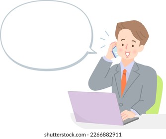 Young man working on computer and smartphone with speech bubble