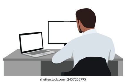 Joven trabajando en una computadora y laptop. Dos dispositivos. Multitarea. Ilustración vectorial plana aislada sobre fondo blanco