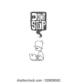 Young man working on a computer. motivational message