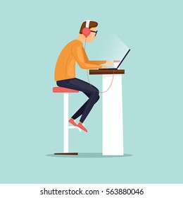 Young man working on the computer with headphones, business. Flat vector illustration in cartoon style. 