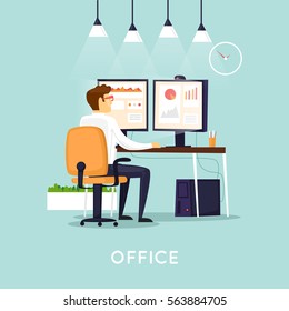 Young Man Working On The Computer Programmer, Business Analysis, Design, Strategy. Flat Vector Illustration In Cartoon Style. 