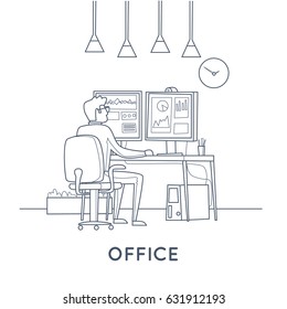 Young man working on the computer programmer, business analysis, design, strategy. Thin line. Flat vector illustration in cartoon style.