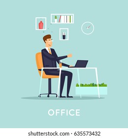 Young man working on the computer programmer, business analysis, design, strategy. Flat vector illustration in cartoon style.