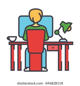 Young man working on computer sitting behind the office desk concept. Line vector icon. Editable stroke. Flat linear illustration isolated on white background