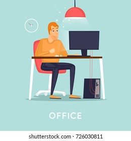 Young man working on the computer programmer, business analysis, design, strategy. Flat vector illustration in cartoon style.