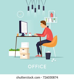 Young man working on the computer programmer, business analysis, design, strategy. Flat vector illustration in cartoon style.