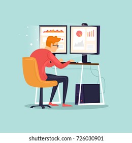 Young Man Working On The Computer Programmer, Business Analysis, Design, Strategy. Flat Vector Illustration In Cartoon Style.