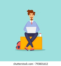 Young man working on the computer programmer, business analysis, design, strategy. Flat vector illustration in cartoon style.