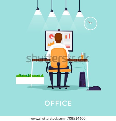 Young man working on the computer programmer, business analysis, design, strategy. Flat vector illustration in cartoon style.