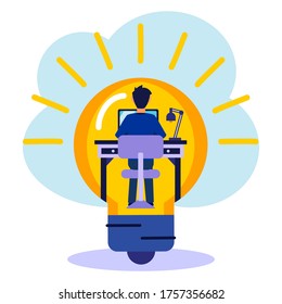 Joven está trabajando en el desarrollo de un proyecto de idea de concepto de diseño. generar ideas. proyecto empresarial creativo. ilustración vectorial. Autores independientes exitosos.