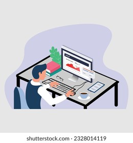 Young man working on digital marketing strategy. Vector flat style illustration. Digital marketing, digital technologies concept. Vector 3d isometric illustration.