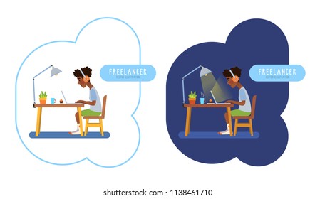 A young man working on his laptop at home at day and night. Vector cartoon illustration of a freelancer. 