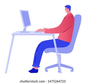 Young man working on his computer in office at office desk. Vector style flat cartoon illustration